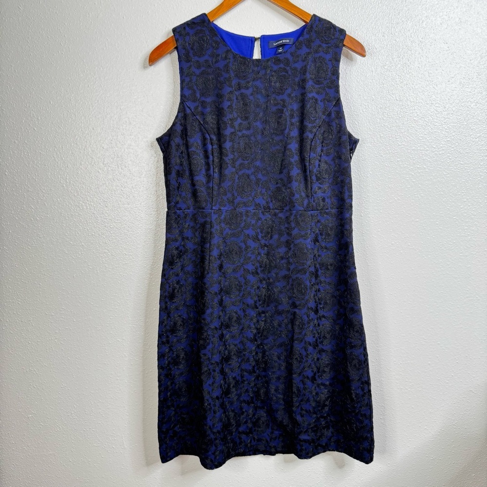 Lands’ End Blue with Black Lace Overlay Sheath Dress Size 12‎